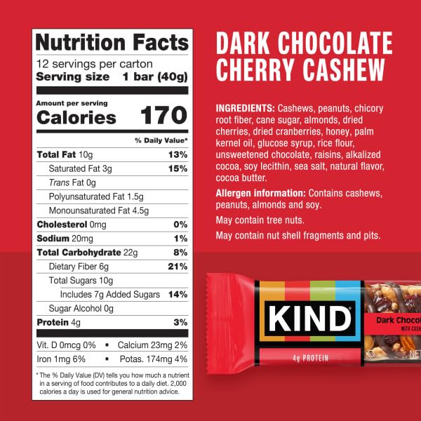 KIND PLUS, Dark Chocolate Cherry Cashew + Antioxidants, Gluten Free Bars (Pack of 12)