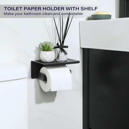 Alise Black Toilet Paper Holder with Shelf SUS304 Stainless Steel Adhesive Toilet Paper Roll Holder Bathroom Tissue Holder Storage Dispenser,Self Adhesive or Wall Mount Drilling
