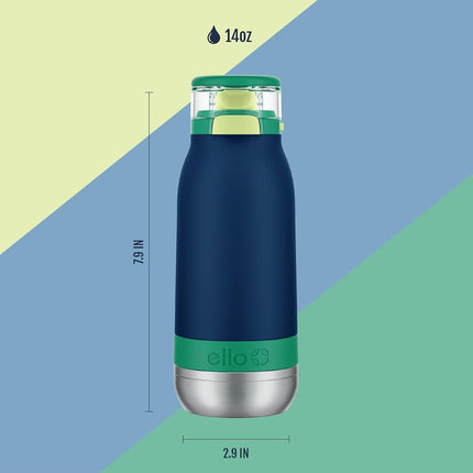 Ello Emma 14oz Vacuum Insulated Stainless Steel Kids Water Bottle with Straw and Built-in Carrying Handle and Leak-Proof Locking Lid for School Backpack, Lunchbox and Outdoor Sports, Tidal Wave