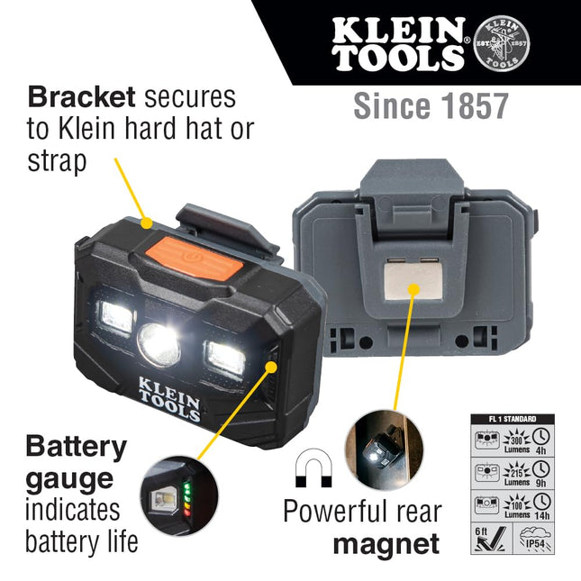 Rechargeable Headlamp and Worklight, LED Headlight for Klein Hardhats, 300 Lumen, All-Day Runtime, 3 Modes HIGH Low Boost Klein Tools 56062