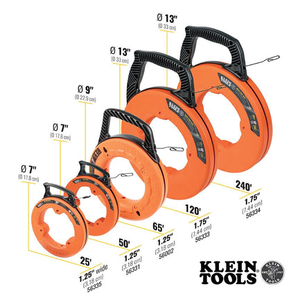 Fish Tape, Steel Wire Puller with Double Loop Tip, Optimized Housing and Handle, 3mm x 73m, Klein Tools 56334