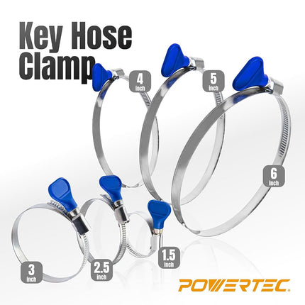 POWERTEC 70250-P2 6 Inch Key Hose Clamp, Thumb Screw Key Adjustable Stainless Steel Hose Clamps for Dust Collection, Dust Collector and Dryer Vent Hose, Pipe Clamp, RV Clamp, Worm Gear Clamp, 10 pack