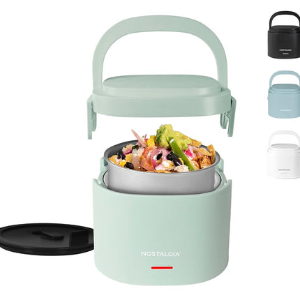 Nostalgia Portable 20-Ounce Electric Heated Lunch Box � Travel Size 2.5 Cup Capacity for Soup, Chili, and Leftovers � Leak Proof Silicone Sealed Lid, Foldable Carry Handle, Detachable Cord � Sage