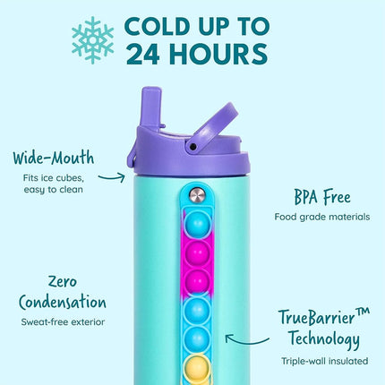 Elemental Iconic Kids Water Bottle - Leak Proof Insulated Water Bottle with Straw Lid & Stress Relief Pop It Handle - Stainless Steel Triple Wall Bottle for School, BPA-Free, 414ml - Blue Tie Dye