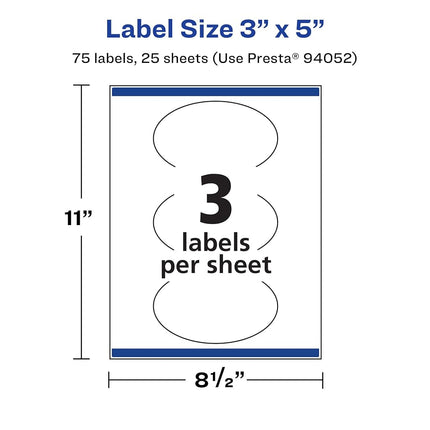 Avery Durable Waterproof Oval Labels with Sure Feed, 3" x 5", 75 Oil and Tear-Resistant Waterproof Labels, Print-to-The-Edge, Laser/Pigment-Based Inkjet Printable Labels