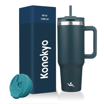 Konokyo 40 oz Tumbler with Handle and 2 Straws,2 in 1 Lid Insulated Water Bottle Stainless Steel Travel Coffee Mug,Navy Blue