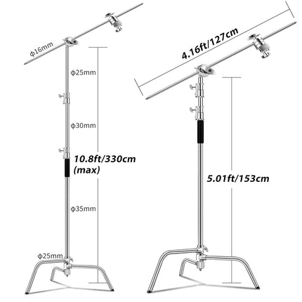 C Stand with Boom Arm-Light Photography Stand - Max Height 10.5ft/320cm Photography Light Stand with 4.2ft/128cm Holding， Pro 100% Stainless Steel Heavy Duty by Vallkay, Silver (CXJH01)