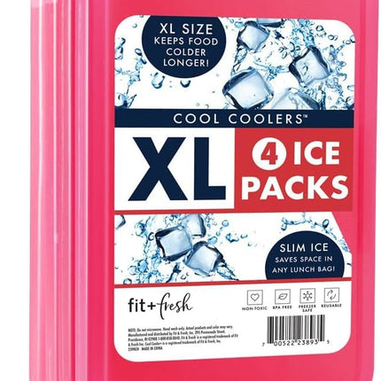 Cool Coolers by Fit & Fresh 4 Pack XL Slim Ice Packs, Quick Freeze Space Saving Reusable Ice Packs for Lunch Boxes or Coolers, Pink