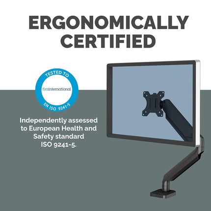Fellowes Single Monitor Arm - Platinum Series Mount for 8KG 32 inch Screens - Ergonomic Adjustable Arm Desk Mount - Tilt 45° Swivel 360° Rotation 360°, VESA 75 x 75/100 x 100 - Black
