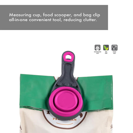 Dexas Pets Collapsible KlipScoop Collapsible Dry Dog Food Scoop and Dog Food Bag Clip, 1/2 Cup Capacity, Fuchsia (PW6504322405)