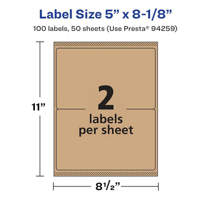 Avery Kraft Brown Rectangle Labels with Sure Feed, 5" x 8-1/8", 100 Kraft Brown Labels, Laser/Inkjet Printable Labels