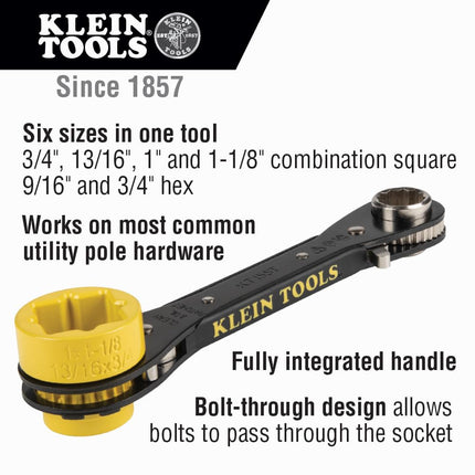KLEIN TOOLS KT155T 6-in-1 Lineman's Ratcheting Wrench with Bolt Through Design and Bright Yellow Socket