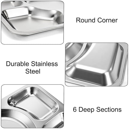 Hacaroa 4 Pack Stainless Steel Divided Dinner Plates, 15x10.6 Inches Snack Serving Plate with 6 Compartment, Metal Food Trays for Adults, Diet Food Portion Control, Picky Eaters