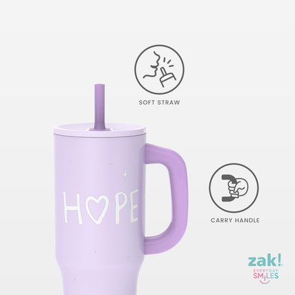 Zak Designs St. Jude Sutton Travel Tumbler for On The Go, 40oz Stainless Steel with Vacuum Insulation, Silicone Straw, and Carry Handle for Cold Drinks (Pink Ombre)