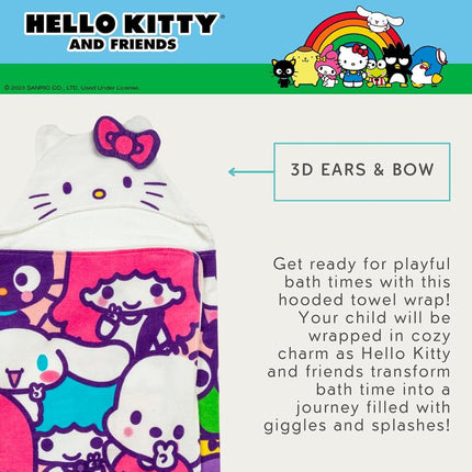 Hello Kitty et ses amis - Peignoir de bain/piscine/plage à capuche en coton éponge ultra doux pour enfant, 61 x 127 cm (produit sous licence officielle) par Franco