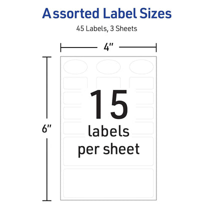 Avery No-Iron Fabric Labels, Assorted Shapes and Sizes, Washer and Dryer-Safe Waterproof Labels, Non-Printable, 45 Total (40700)