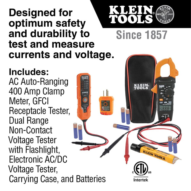 Klein Tools CL120VP Kit de prueba de voltaje eléctrico con pinza amperimétrica, tres probadores, puntas de prueba, estuche y baterías