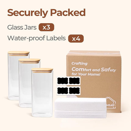 ComSaf Glass Storage Jars with Bamboo Lids, 1.9L Narrow Containers, 3 Pack