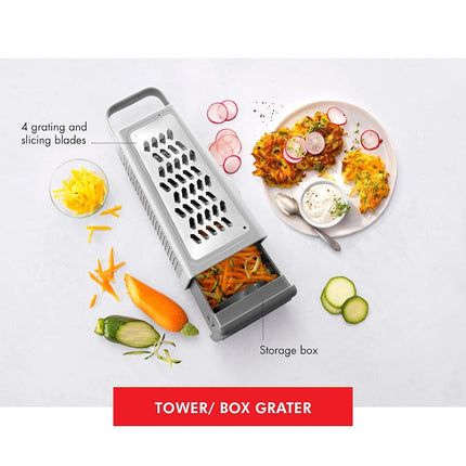 ZWILLING Z-Cut Tower Multifunctional Box Grater - Faster Grating Technology, Cheese Zester, Garlic Slicer, Rasp and More