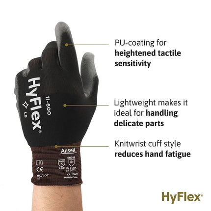Ansell HyFlex 11-600 Nylon Polyurethane Glove Gray Polyurethane Coating Knit Wrist Cuff Medium Size 8 (Pack of 12 Pairs)