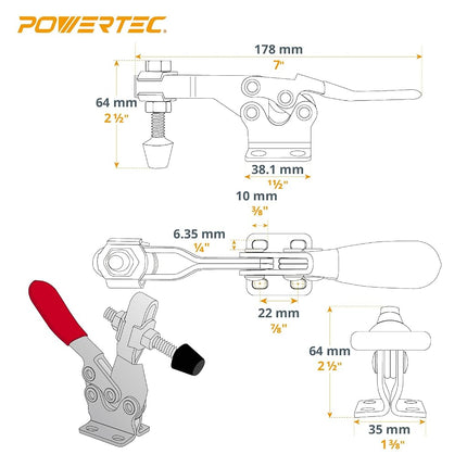 POWERTEC 10PK Hold Down Toggle Clamp, 500 lbs Holding Capacity, 225D Antislip Quick Release Horizontal Clamps for Woodworking Jigs & Fixtures, Welding, Drill Press, Crosscut Sled (20331)