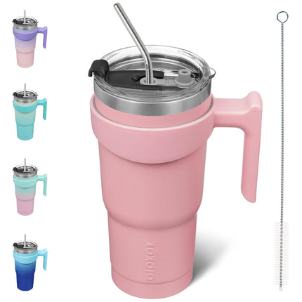 BJPKPK Tumbler with Handle 20 oz Stainless Steel Double Wall Insulated Tumbler Cups with Lid and Straw,Light Pink