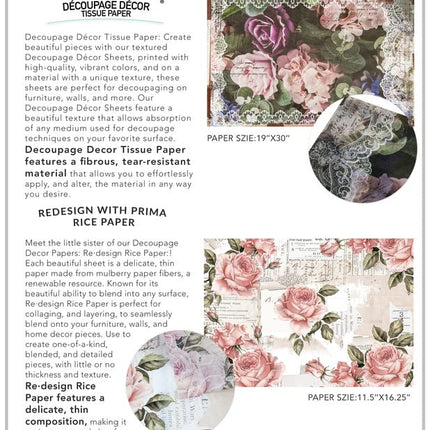 Prima Re-Design Decoupage Decor Tissue Paper 19"X30"-Blush Floral REDTP-52388