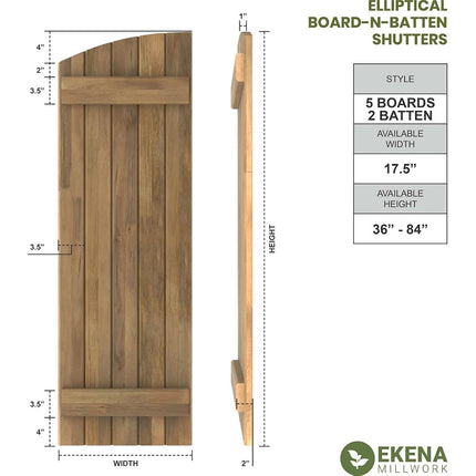 Ekena Millwork ARW101BE518X39BLH Americraft Five 2 Exterior Real Wood Joined Board-n-Batten Shutters w/Elliptical Top (Per Pair), 17 1/2"W x 39"H, Black