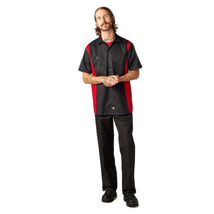 Camisa de trabajo de manga corta Dickies para hombre, dos tonos, negro, rojo inglés, grande