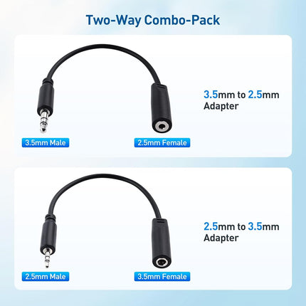 Cable Matters Combo-Pack TRS 2.5 mm and 3.5 mm Headphone Adapter Kit (1X 2.5mm to 3.5mm Converter and 1X 3.5mm to 2.5mm Converter) in Black - 4 Inches