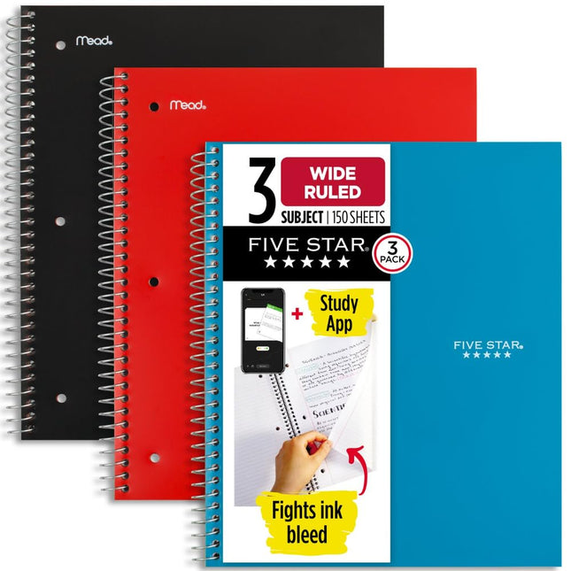 Five Star Spiral Notebook + Study App, 3 Pack, 3 S