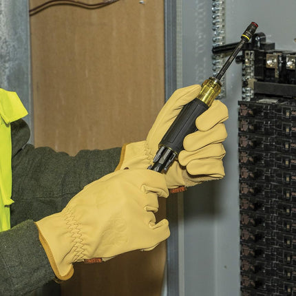 Klein Tools 60603 Work Gloves, Premium Cowhide Leather Gloves, Abrasion-Resistant Split Leather Palm Patch, Medium