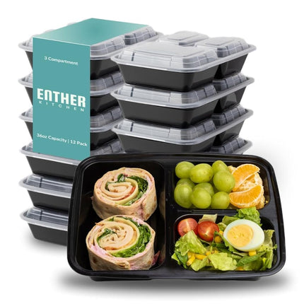 Enther Meal Prep Containers [12 Pack] 3 Compartmen