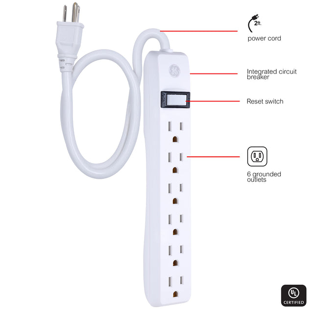 Regleta de enchufes GE de 6 tomas, cable de extensión de 0.6 m, enchufe de alta resistencia, con toma de tierra, disyuntor integrado, de 3 clavijas, montaje en pared, con certificación UL, color blanco, 14830