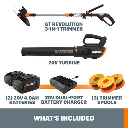 WORX WG930.3 20V PowerShare 10" Cordless String Trimmer & Turbine Blower Combo Kit, (2) 4.0Ah Batteries and Dual Charger