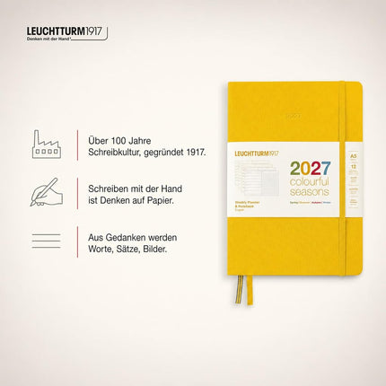LEUCHTTURM1917 Weekly Calendar & Notebook Dotted Medium (A5) 2027, Colourful Seasons Yellow, English, Hardcover, Calendar Overview 2026/2027/2028, Planning Overview 01.27-12.28, Project Planner