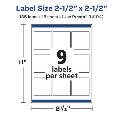 Avery Matte White Removable Square Labels with Sure Feed Technology, 2.5" x 2.5", 135 Removable Labels, Laser/Inkjet Printable Labels