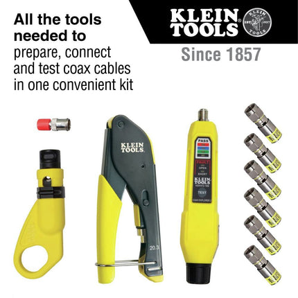 Klein Tools VDV002-818 Coax Install and Test Kit with Crimp Tool, Includes Tester, Stripper and Universal F Connectors