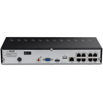 TRENDnet 8-Channel UHD PoE NVR, TV-NVR1508, H.264/H.265 4K (8MP), Up to 12TB Storage (HDD Not Included), Supports one 4K Camera Channel, 56W PoE Power Budget, Rackmount Design, 240fps, Black