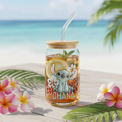 Silver Buffalo Disney Lilo and Stitch Ohana Floral Glass Jar Tumbler with Bamboo Lid and Glass Straw, 16 Ounces