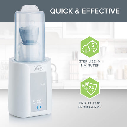 Calienta biberones y esterilizador digital Chicco para biberones, potitos y bolsas de leche | Elimina el 99.9% de los gérmenes | 4 opciones de calentamiento | Pantalla táctil digital | Apagado automático y alerta sonora