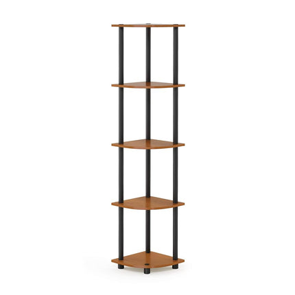 Furinno TURN-N-TUBE Corner Shelf, 5-Tier Corner Bookshelf, Open Storage Shelves, for Organization and Storage, Living Room, Home Office, Garage, Bedroom, Light Cherry