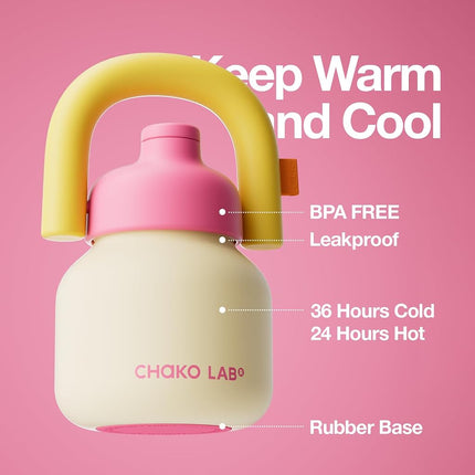 CHAKO LAB Water Bottle with Straw and Carry Handle | Wide Mouth Vacuum Ceramic Liner | Reusable, Leak-Proof and BPA-Free | 33oz(Sunshine)