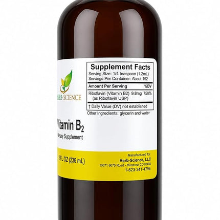 Liquid Vitamin B2 Riboflavin Drops, Alcohol-Free Liquid Extract Support Digestion, Maintain Proper Energy Levels, Boost Collagen Production for Healthy Hair, Nails, Skin, Herb-Science (8 oz)