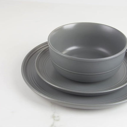 Double Line 10.5" Dinner Plate, Set of 6, Matte Gray
