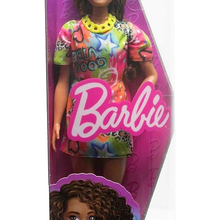 Barbie HPF77 Doll Toy for Kids Curly Brown Hair Fashionistas Athletic Body Build T-Shirt Dress Graffiti Print Clothes and Accessories Age 3+