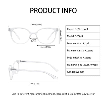 OCCI CHIARI Womens Reading Glasses +2.0 Round Reader +200(+1.0 +1.25 +1.5 +1.75 +2.0 +2.25 +2.5 +2.75 +3.0) Lightweight Frame