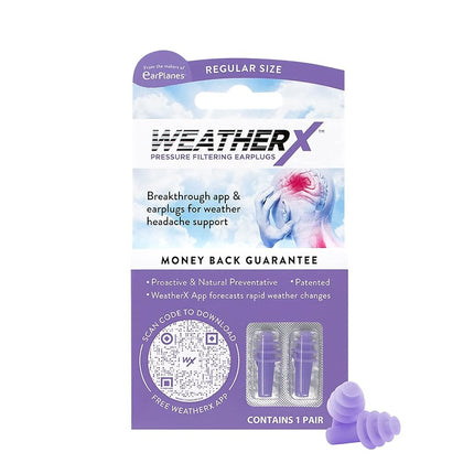 WeatherX Headache Prevention- Pressure Filtering Earplug for Shifts in Barometric Weather Pressure, Download Free Alert app (Regular 1 PK)