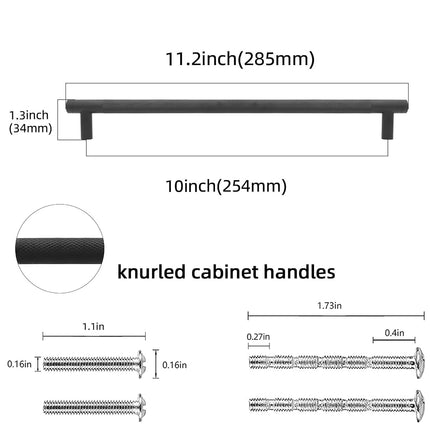POVEFONK 10 Pack 10 inch(254mm) Matte Black Kitchen Cabinet Handles Knurled Cabinet Pulls Black Drawer Pulls Kitchen Hardware