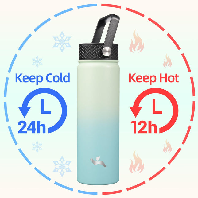 Konokyo Insulated Water Bottle with Straw,22oz 3 Lids Metal Bottles Stainless Steel Water Flask,Mint